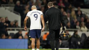 <p>WORLD CUP DOUBT: Tottenham Hotspur's Richarlison leaves the pitch with an injury during the Premier League match at Tottenham Hotspur Stadium, London. Pic: PA</p>