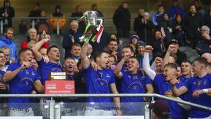 <p>AFTER THE CLOUDS, SILVER LININGS: St. Finbarr’s players celebrate with the trophy. Pic: INPHO/Ken Sutton</p>
