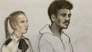 <p>A court artist sketch of footballer Mason Greenwood appearing in the dock at Manchester Magistrates' Court. Picture: Elizabeth Cook/PA Wire</p>