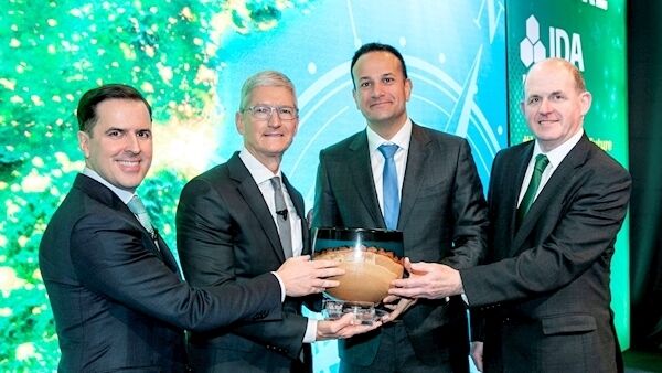 IDA Ireland's inaugural 'Special Recognition Award' recognising the contribution of their clients to Ireland was presented by An Taoiseach Leo Varadkar and IDA Ireland to Apple and accepted by its CEO Tim Cook, at a special 'Looking to the Future' event in the National Concert Hall this morning. Pictured at the presentation ceremony were, from left, Martin Shanahan, CEO IDA Ireland, Tim Cook, CEO Apple, An Taoiseach Leo Varadkar, TD and Frank Ryan, Chairman IDA Ireland. Picture: Iain White - Fennell Photography IDA Ireland's inaugural 'Special Recognition Award' recognising the contribution of their clients to Ireland was presented by An Taoiseach Leo Varadkar and IDA Ireland to Apple and accepted by its CEO Tim Cook, at a special 'Looking to the Future' event in the National Concert Hall this morning. Pictured at the presentation ceremony were, from left, Martin Shanahan, CEO IDA Ireland, Tim Cook, CEO Apple, An Taoiseach Leo Varadkar, TD and Frank Ryan, Chairman IDA Ireland. Picture: Iain White - Fennell Photography