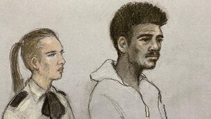 <p>A sketch of Mason Greenwood appearing in the dock at Manchester Magistrates’ Court (Elizabeth Cook/PA)</p>