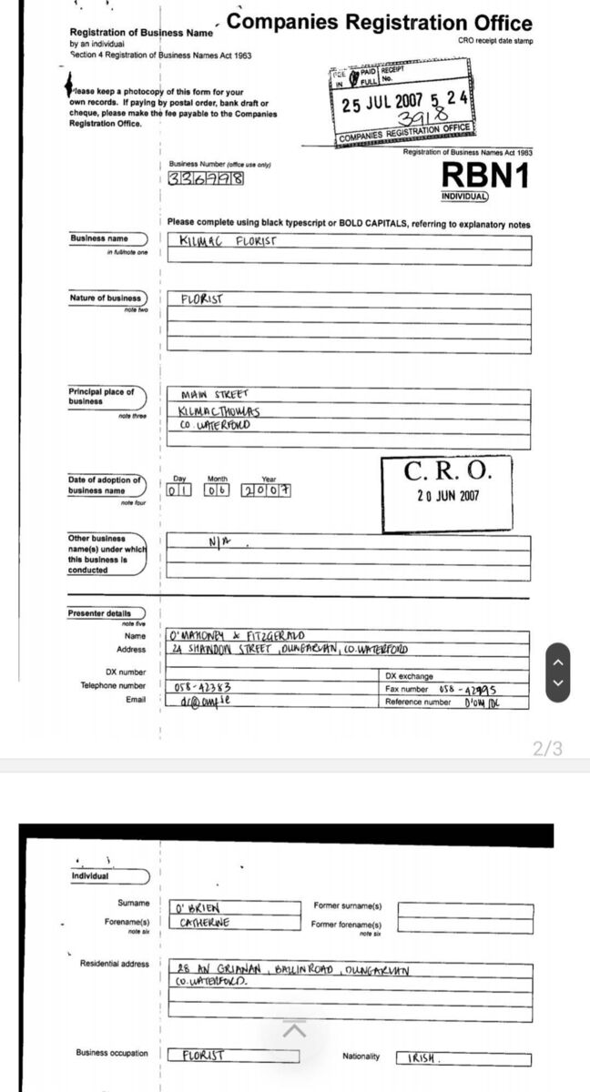 The registration document for Catherine O'Brien's florist company.