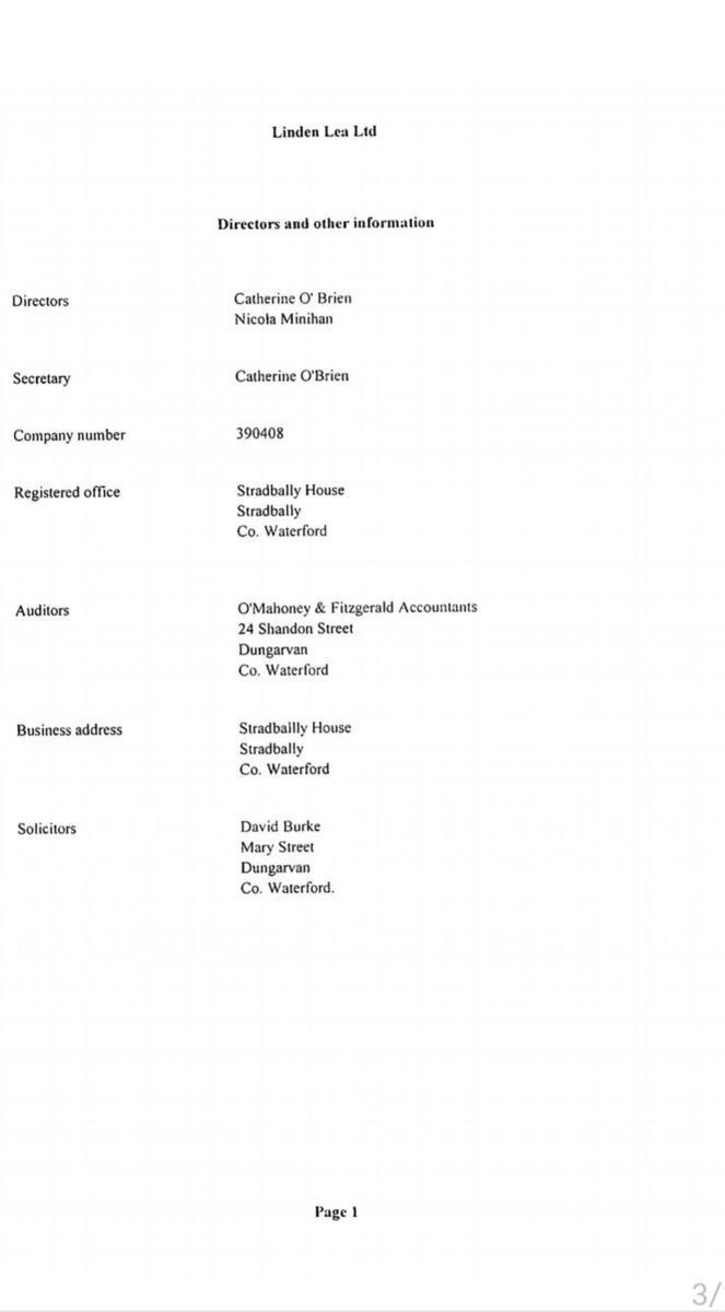 The registration document for Catherine O'Brien's Linden Lea Ltd company.