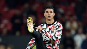 <p>FRINGE: Manchester United's Cristiano Ronaldo warming up prior to kick-off on Wednesday night.</p>