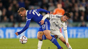 <p>TANGLED UP IN BLUE: Leicester City's Kiernan Dewsbury-Hall (left) and Leeds United's Brenden Aaronson. Picture: Nick Potts/PA Wire.</p>