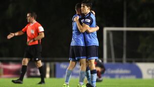 <p>CRUCIAL WIN: UCD’s Michael Gallagher and Dara Keane celebrate at the final whistle. Pic: INPHO/Bryan Keane</p>
