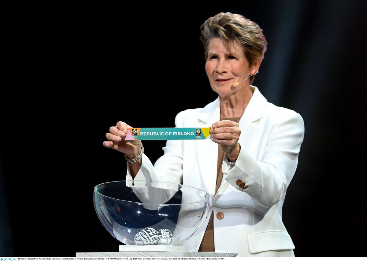 22 October 2022; Draw Assistant Julie Dolan draws out Republic of Ireland during the draw for the FIFA 2023 Women's World Cup 2023 Draw at Aotea Centre in Auckland, New Zealand. Photo by Stephen McCarthy / FIFA via Sportsfile
