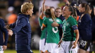 <p>Republic of Ireland manager Vera Pauw and Katie McCabe celebrate after the FIFA Women's World Cup Qualifying Group A match at the Tallaght Stadium in Dublin, Ireland. Picture date: Thursday September 1, 2022.</p>