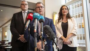 <p>DUP leader Jeffrey Donaldson MP with party colleagues Gavin Robinson MP and Emma Little-Pengelly MLA after meeting Taoiseach Micheál Martin in Belfast last week. Picture: Liam McBurney/PA</p>