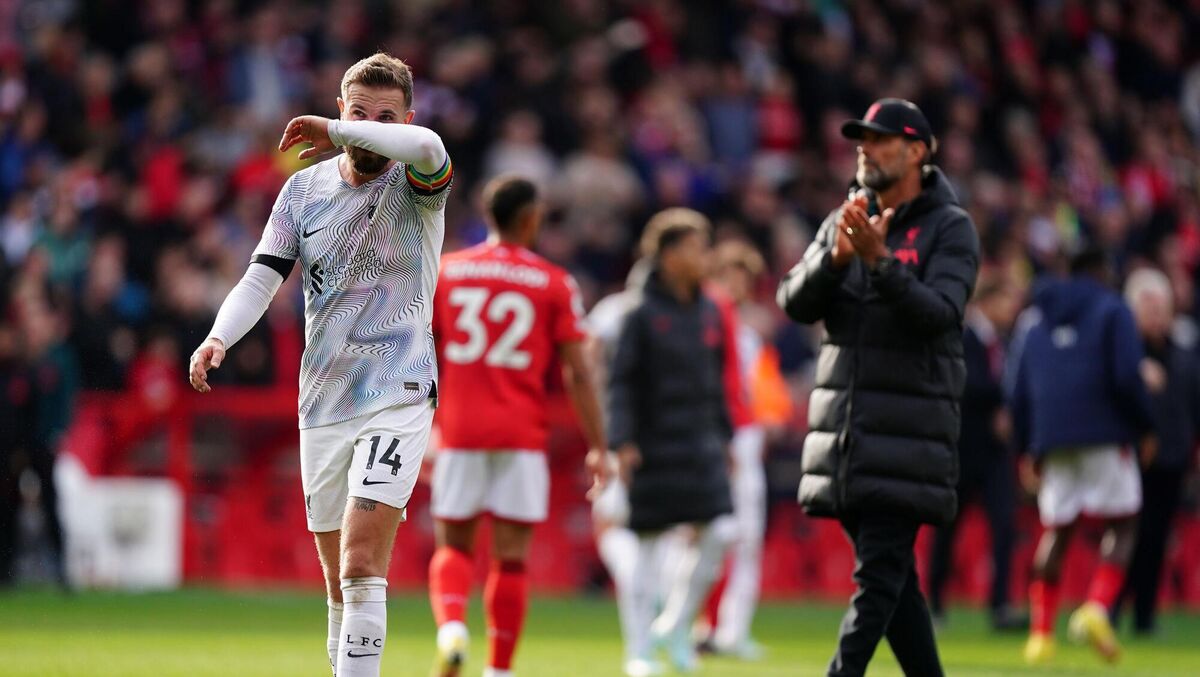 STALL: Liverpool's Jordan Henderson (left) and manager Jurgen Klopp after defeat at the City Ground. Picture: Mike Egerton/PA Wire.