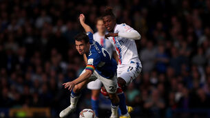 <p>BLUE BLOOK: Everton's Seamus Coleman and Crystal Palace's Wilfried Zaha. Picture: Isaac Parkin/PA Wire.</p>