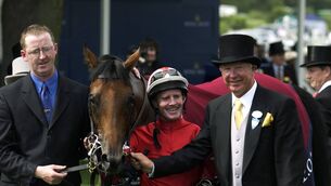 <p>RENOWN: Alex Ferguson leads in his horse Rock Of Gibraltar after the it landed The St James Palace Stakes during Royal Ascot in 2002. Picture: Julian Herbert/Getty Images</p>