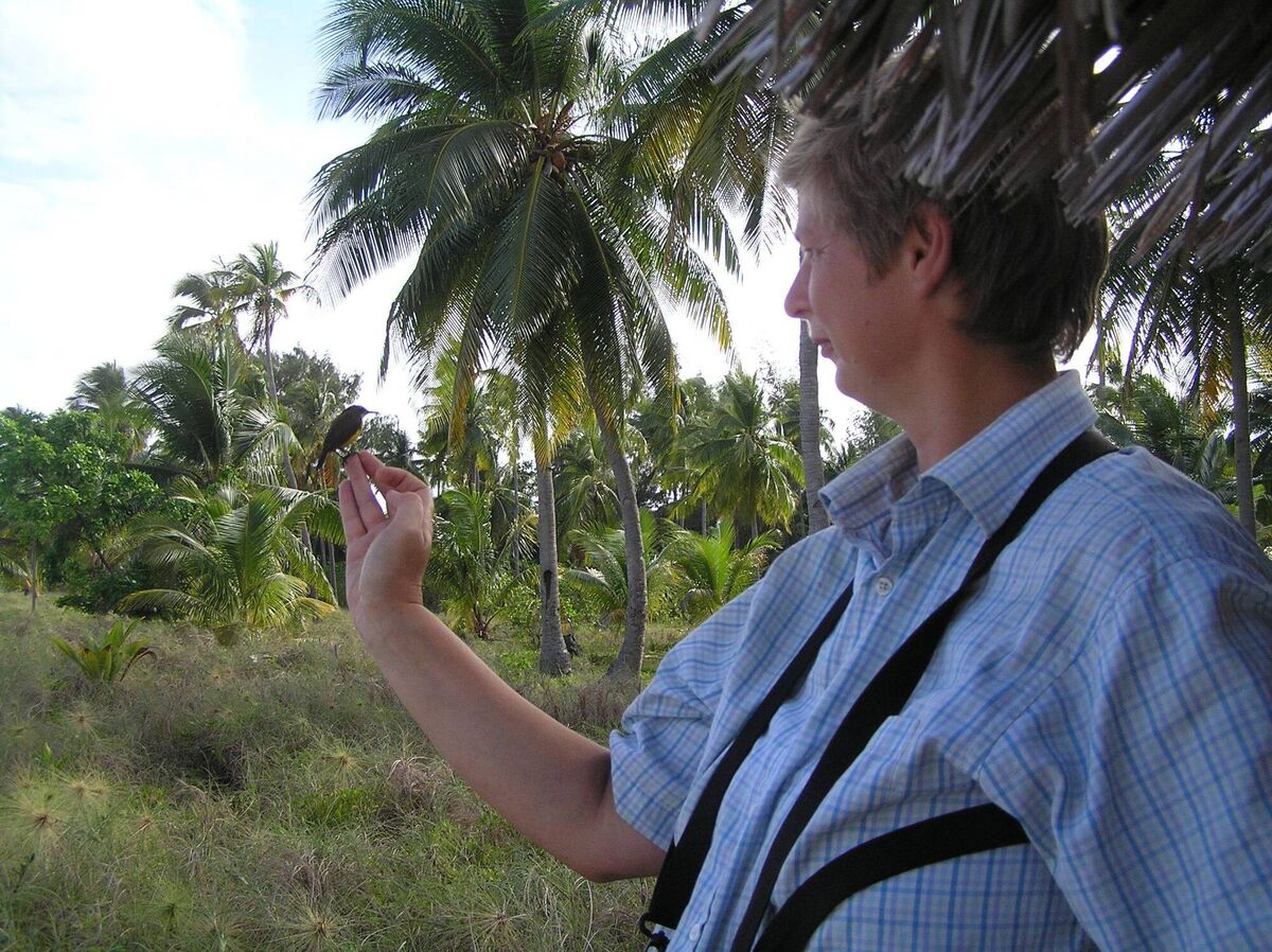 Professor Nicola Marples with a Wakatobi Sunbird on Hoga Island