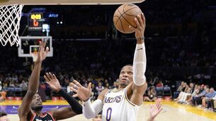 <p>ON THE WANE: Russell Westbrook (#0) of the Los Angeles Lakers drives to the basket against Jerami Grant #9 of the Portland Trail Blazers on Sunday night. Westbrook's star has begun to wane. Pic: Kevork Djansezian/Getty Images</p>