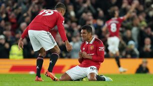 <p>KEY MEN: Manchester United's Raphael Varane and Casemiro celebrate after Bruno Fernandes scores their side's second goal of the game during the Premier League match at Old Trafford, Manchester. Picture date: Nick Potts/PA Wire</p>