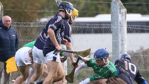 <p>BATTLE: Oisin Fitzgerald, St Colman's and Dara Fitzgerald, St Joseph's Tulla, battling for the sliotar in the Harty Cup clash at Knocklong. Picture: Brendan Gleeson</p>