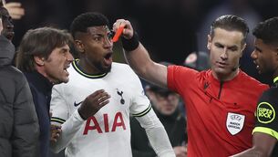 <p>RED MIST: Referee Danny Makkelie shows a red card to Tottenham's head coach Antonio Conte during the Champions League group D soccer match between Tottenham Hotspur and Sporting CP at Tottenham Hotspur Stadium in London, Wednesday, Oct. 26, 2022. Pic: AP Photo/Ian Walton</p>