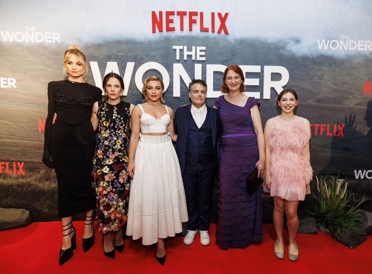 Niamh Algar, Elaine Cassidy, Florence Pugh, Sebastián Lelio, Emma Donoghue and Kila Lord Cassidy on the red carpet at the Irish premiere screening of The Wonder at the Light House Cinema in Smithfield, Dublin. Picture: Andres Poveda