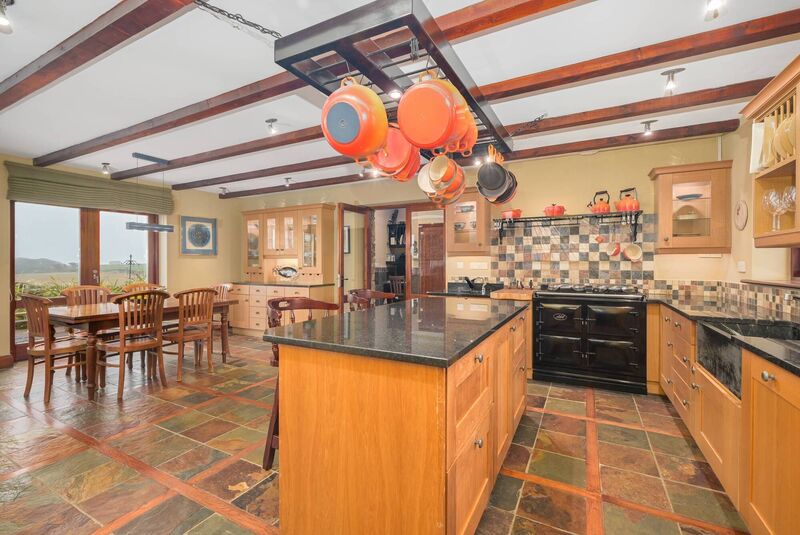Cast-iron pots and pans hang over kitchen island with electric Aga in the background