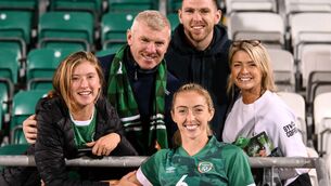 <p>FAMILY AFFAIR: Megan Connolly of Ireland, with her family, after the FIFA Women's World Cup 2023 qualifier match against Finland at Tallaght Stadium in Dublin. Photo by Stephen McCarthy/Sportsfile</p>