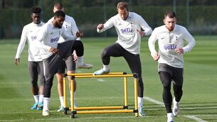 <p>INCONSISTENT: Yves Bissouma, Japhet Tanganga, Harry Kane and Pierre-Emile Hojbjerg take part in a team training session. Spurs have become increasingly inconsistent this season. Pic: Adrian Dennis/AFP via Getty Images</p>