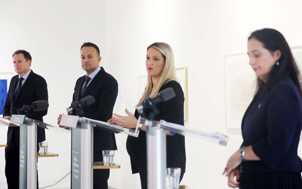 Coalition partners Charlie McConalogue, Leo Varadkar, Helen McEntee, and Catherine Martin at the announcement of the general scheme of the Sale of Alcohol Bill 2022 at the Royal Hibernian Academy Gallery, Dublin. Picture: Leah Farrell Coalition partners Charlie McConalogue, Leo Varadkar, Helen McEntee, and Catherine Martin at the announcement of the general scheme of the Sale of Alcohol Bill 2022 at the Royal Hibernian Academy Gallery, Dublin. Picture: Leah Farrell