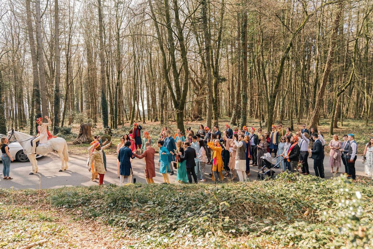 Bhumika Gupta and Fergal McGovern's wedding featured a baraat procession, with the groom arriving on a white horse. Pictures: Hugh Noonan 