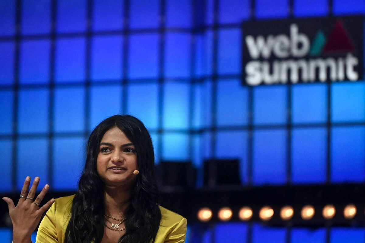 OnlyFans CEO Amrapali Gan speaks at the centre stage at the Web Summit in Lisbon on Wednesday. Picture: Patricia de Melo / AFP