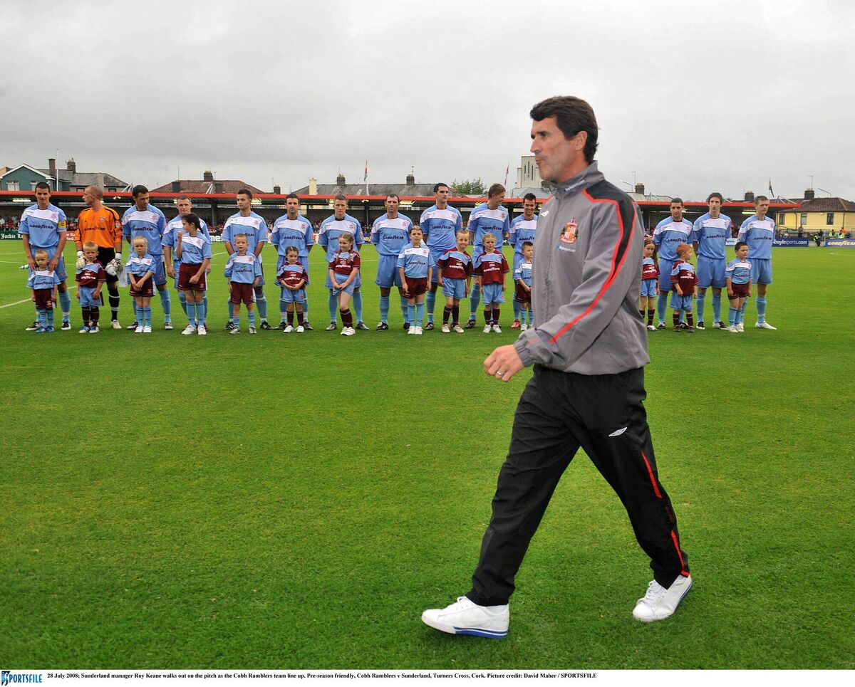 2008: Sunderland manager Roy Keane walks out on the pitch as the Cobh Ramblers team line up. Pic: David Maher / SPORTSFILE