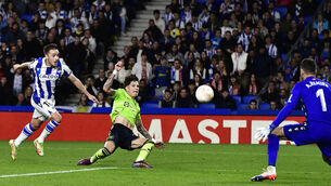 <p>Alejandro Garnacho scores Manchester United's winning goal against Real Sociedad. 	Picture: AP Photo/Alvaro Barrientos</p>