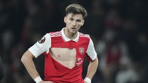 <p>TORN ASUNDER: Arsenal's Kieran Tierney looks on after his shirt is ripped during the Europa League Group A soccer match between Arsenal and FC Zurich at the Emirates stadium in London, Thursday, Nov. 3, 2022. Pic: AP Photo/Frank Augstein</p>