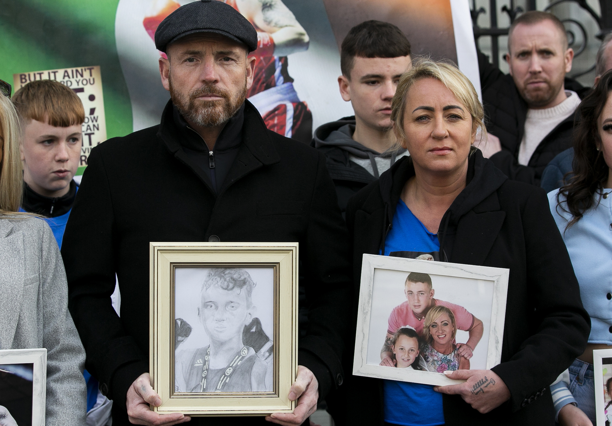 Kevin Sheehy's parents Kevin Sheehy Snr and Tracey Tully at a protest at Leinster House on Friday as part of their campaign to have their son's murderer serve the rest of his sentence here. Picture: Gareth Chaney/ Collins 