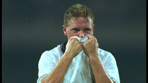 <p>DRY YOUR EYES MATE: Paul Gascoigne reacts to his booking against West Germany in Turin in 1990. </p>