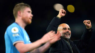 <p>JOY: Manchester City manager Pep Guardiola (right) and player Kevin De Bruyne celebrate victory after the final whistle in the Premier League match at the Etihad Stadium, Manchester. Pic: Nick Potts/PA Wire</p>