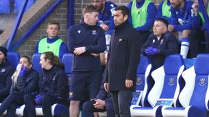 <p>UNDER PRESSURE: Rangers manager Giovanni van Bronckhorst looks dejected during the cinch Premiership match at McDiarmid Park, Perth. Pic: Jane Barlow/PA Wire</p>
