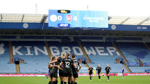 Laura Wienroither celebrates with team-mates after scoring Arsenal’s fourth goal at Leicester (Isaac Parkin/PA)