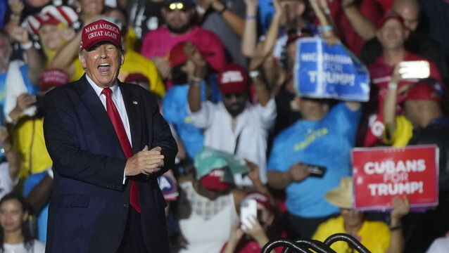 <p>Former US president Donald Trump at a campaign rally in support of senator Marco Rubio in Miami on Sunday. Picture: AP /Rebecca Blackwell</p>