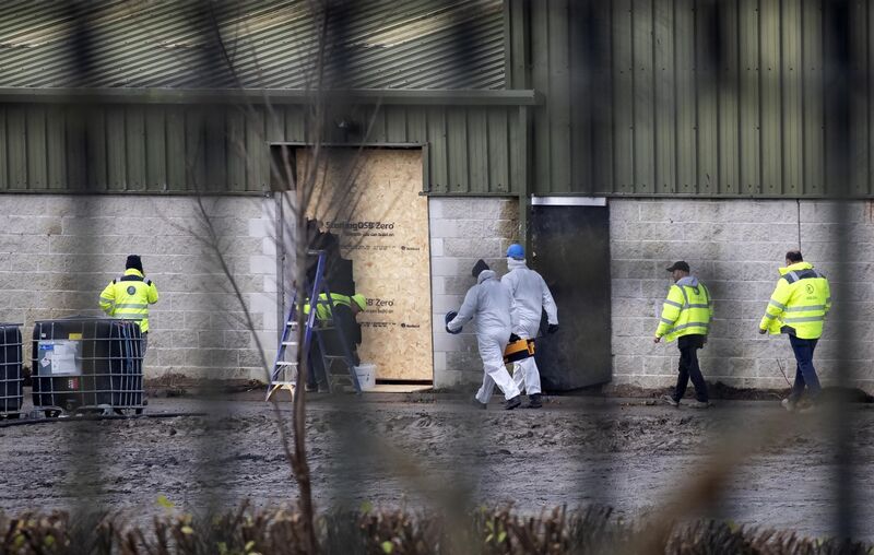  07/11/2022 Gardai and workers at Kill Equestrian Centre, just outside Kill Village in Co. Kildare which was due to house Ukranian refugees pictured this morning. The centre went on fire last nigh. Local people had been protesting outside the centre earlier in the day... Picture Colin Keegan, Collins Dublin