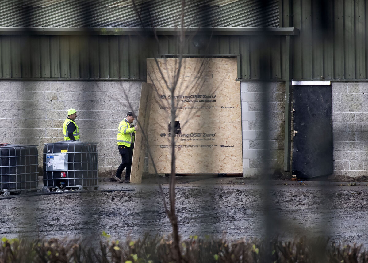 Workers board up entrances to Kill Equestrian Centre, just outside Kill Village in Co Kildare. Picture: Colin Keegan/ Collins 
