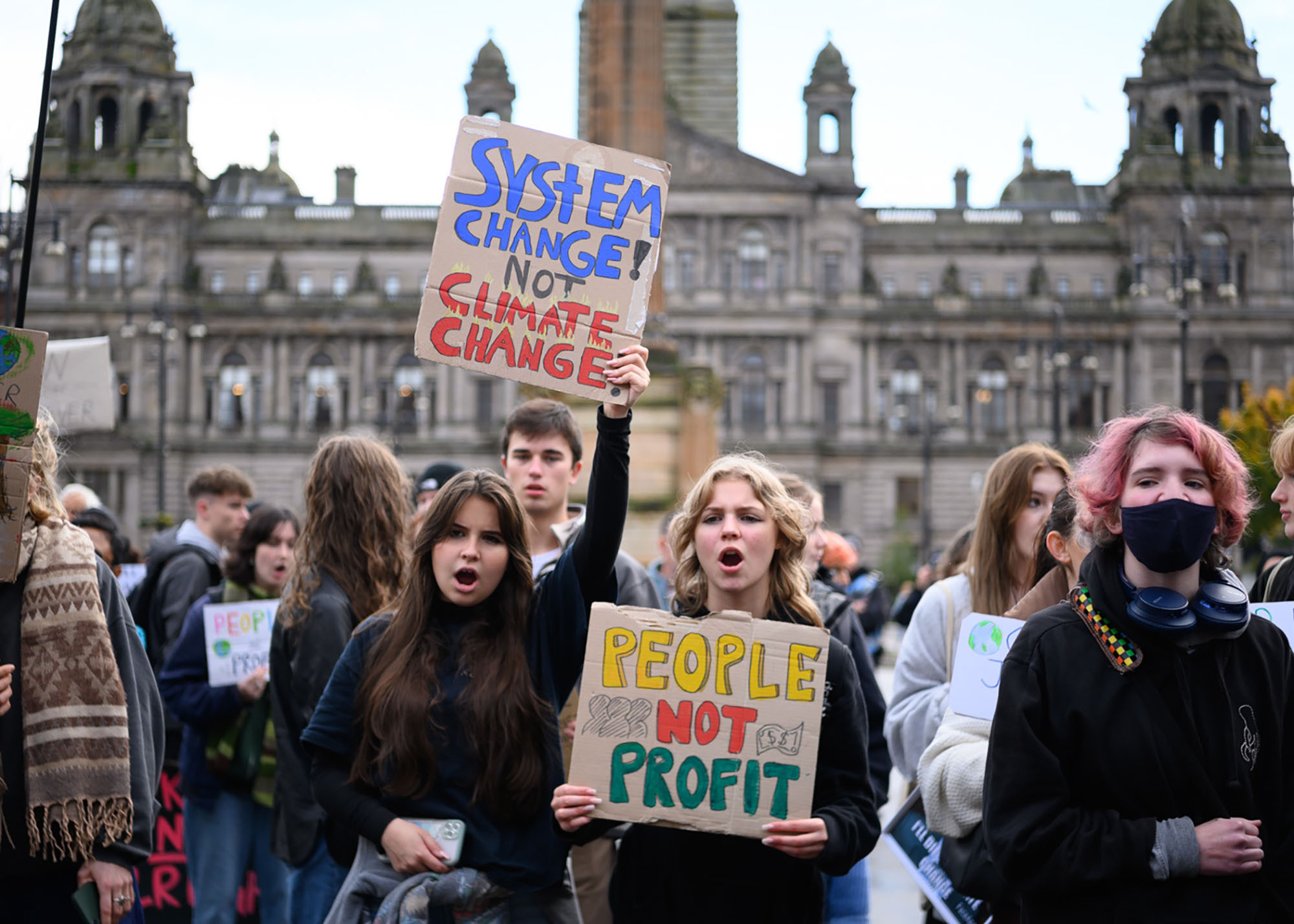 Demonstrators take part in the Fridays for Future Scotland march through Glasgow ahead of the first anniversary of the Cop26 summit in Glasgow. Picture date: Friday October 28, 2022. PA Photo.