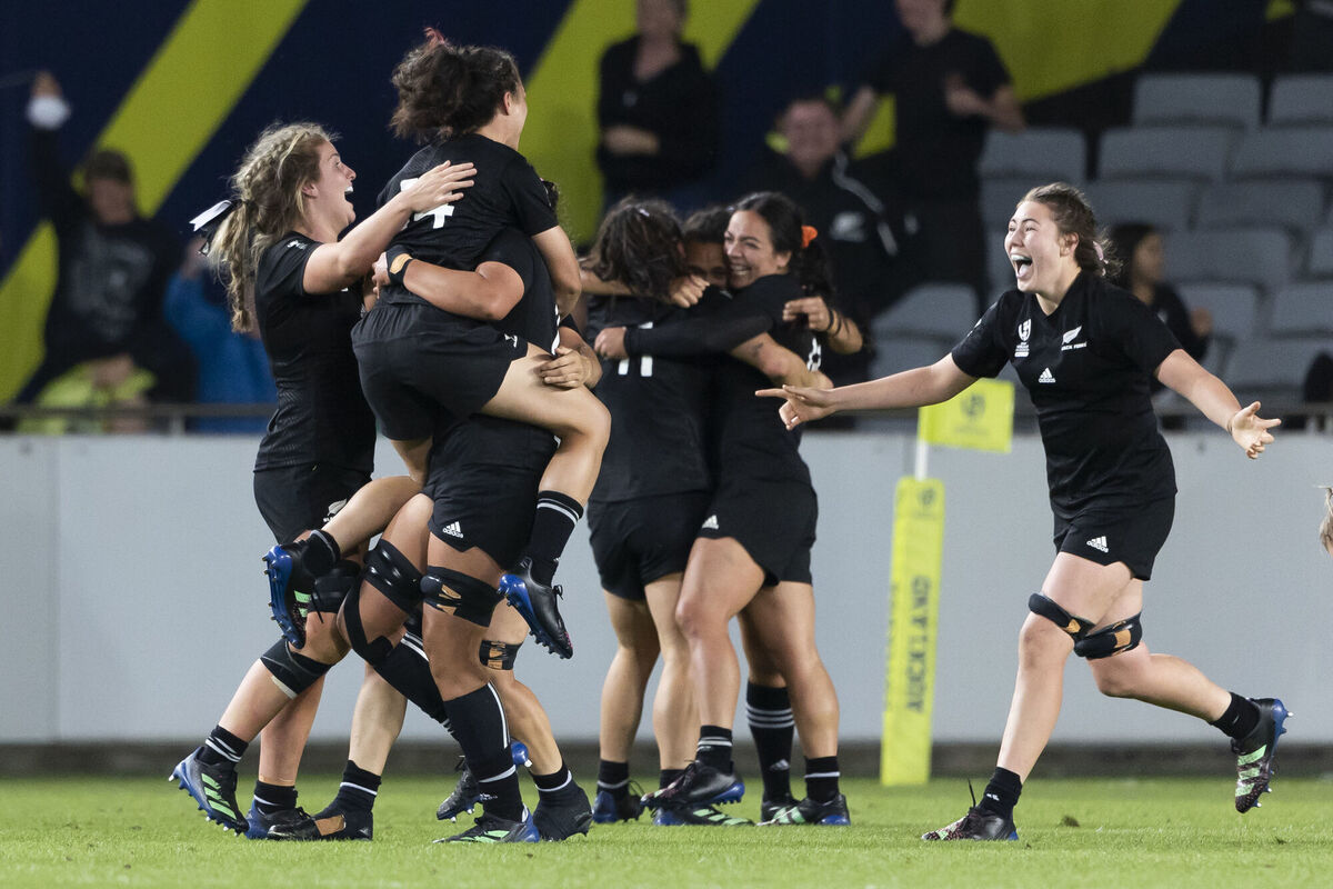New Zealand players celebrate their win against France during the Women's Rugby World Cup semi-final match at Eden Park.