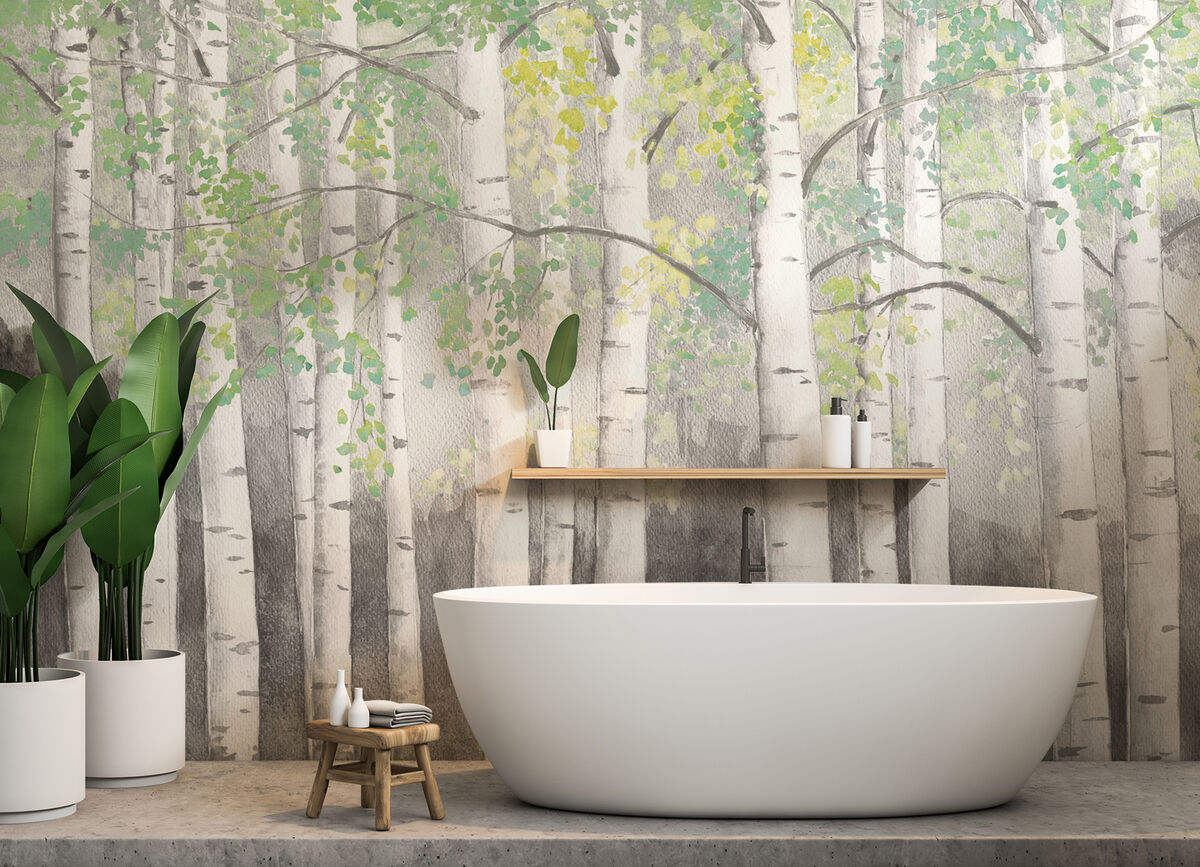 Soft Birches in Charcoal Woodland Wallpaper Mural by James Wiens. From €49 per square metre cropped to dimensions on order, wallsauce.com.