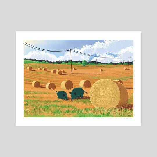 Wildboars and hay bales by Jacek Matysiak. This is a gallery-quality giclée art print on 100% cotton rag archival paper, printed with archival inks