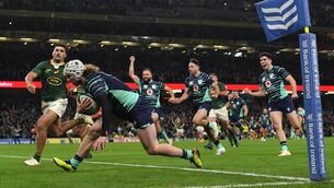 <p>DIVING IN: Mack Hansen of Ireland scores his side's second try during the Bank of Ireland Nations Series match between Ireland and South Africa at the Aviva Stadium in Dublin. Pic: Seb Daly/Sportsfile</p>