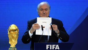 <p>POLITICAL FOOTBALL: Then FIFA President Joseph S. Blatter announces that Qatar will be hosting the 2022 Soccer World Cup in 2010. Picture: AP Photo/Keystone/Walter Bieri, File</p>