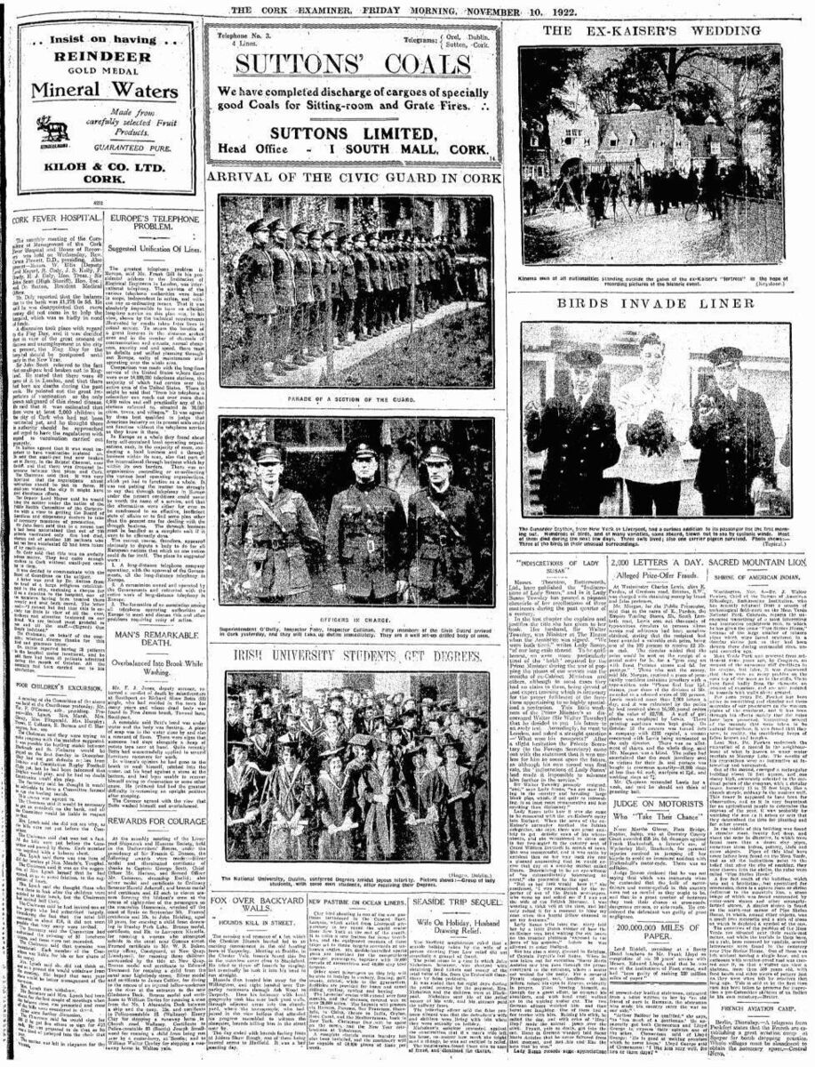 How the then Cork Examiner reported on the arrival in Cork of the Civic Guard on November 9 1922