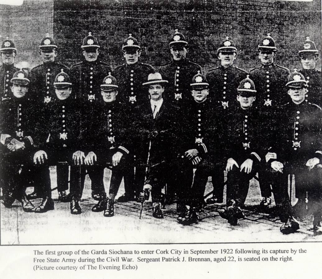 The first group of the Garda Siochana to enter Cork City in September 1922 following its capture by the Free State Army during the Civil War. Sergeant Patrick JmBrennan aged 22, is seated on the right. Picture: The Evening Echo