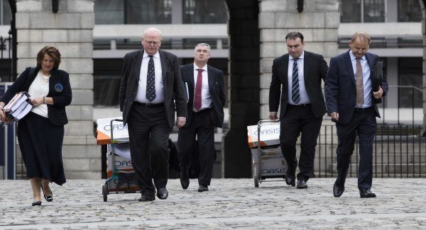 Garda whistleblower Sergeant Maurice McCabe (right), arriving with his legal team for the first day of public hearing at the Disclosures Tribunal in Dublin Castle.
