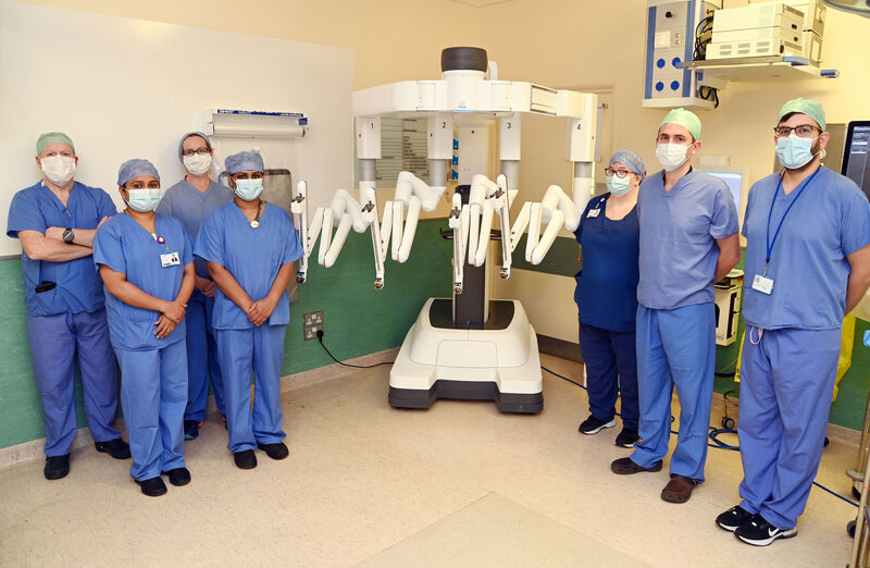 The surgical team in theatre 8 (from left) Dr Colm Lane, consultant anaesthetist; Meera George, staff nurse; Olga Kenny, staff nurse; Bindu Mathew, CNM1; Maura O'Donoghue, CNM2; Mr Kevin O'Connor, consultant urologist, and Mohammed Hegazy, urology SPR. Picture: Denis Minihane