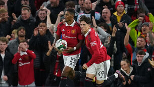 <p>Alejandro Garnacho, right, played a key role in Manchester United’s Carabao Cup win (Martin Rickett/PA)</p>